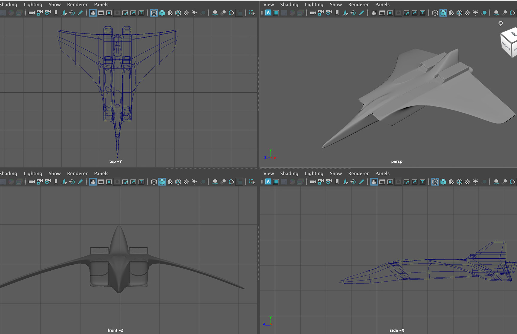 3D model of a futuristic aircraft displayed in Autodesk Maya, shown in four different views including wireframe and shaded perspectives.