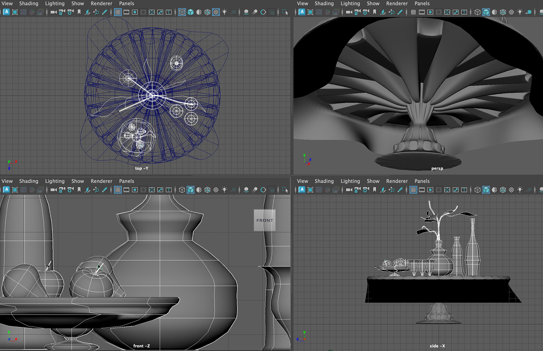 3D modeling of a carousel-like structure with decorative elements in Autodesk Maya, featuring detailed wireframe and shaded views.