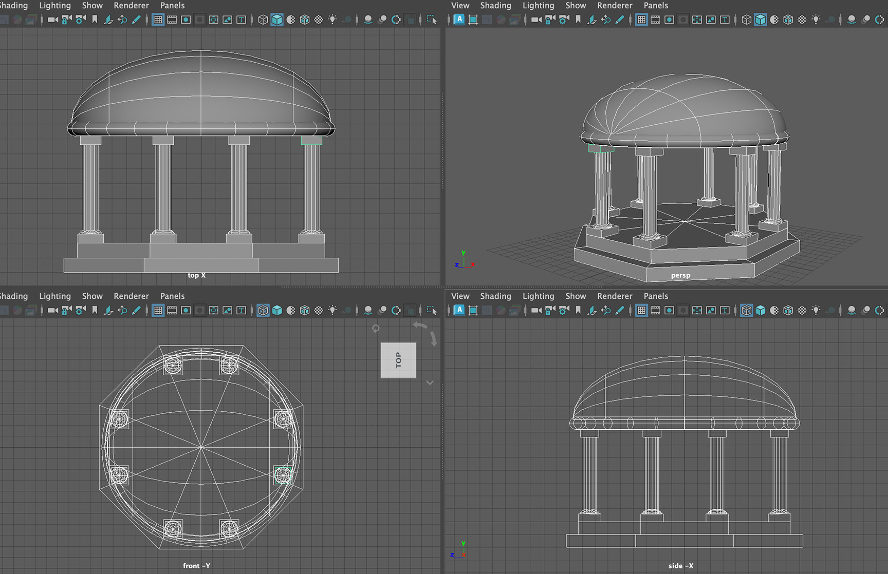 3D model of a classical architectural pavilion with a domed roof and supporting columns, displayed in Autodesk Maya with multiple viewports.