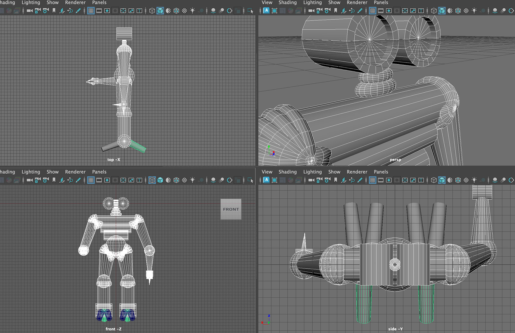 3D robot character model in Autodesk Maya, presented in wireframe and shaded modes with a close-up view of mechanical details.