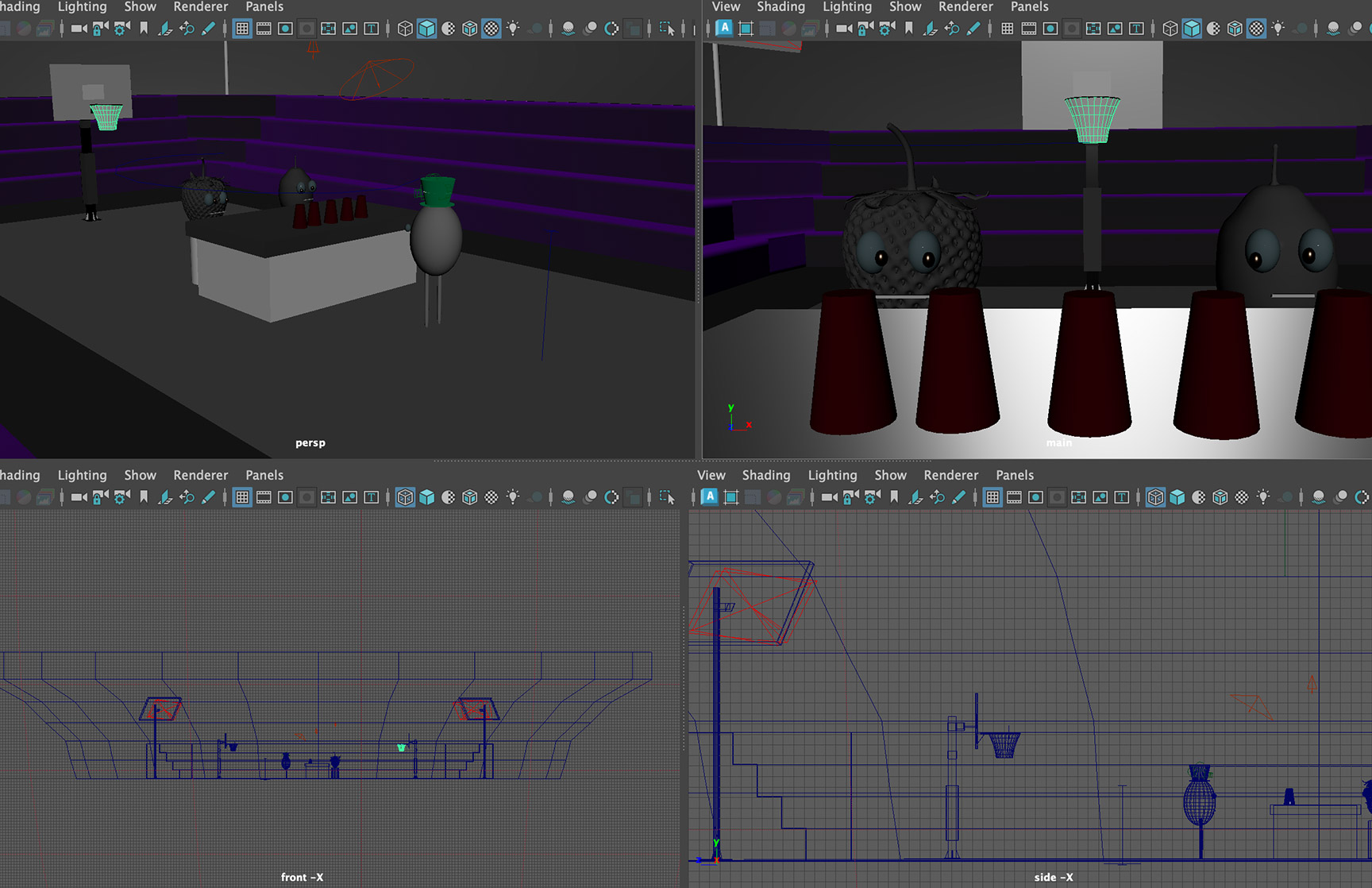 3D scene of an animated environment with stylized characters and objects in Autodesk Maya, featuring a dark purple-lit setting.