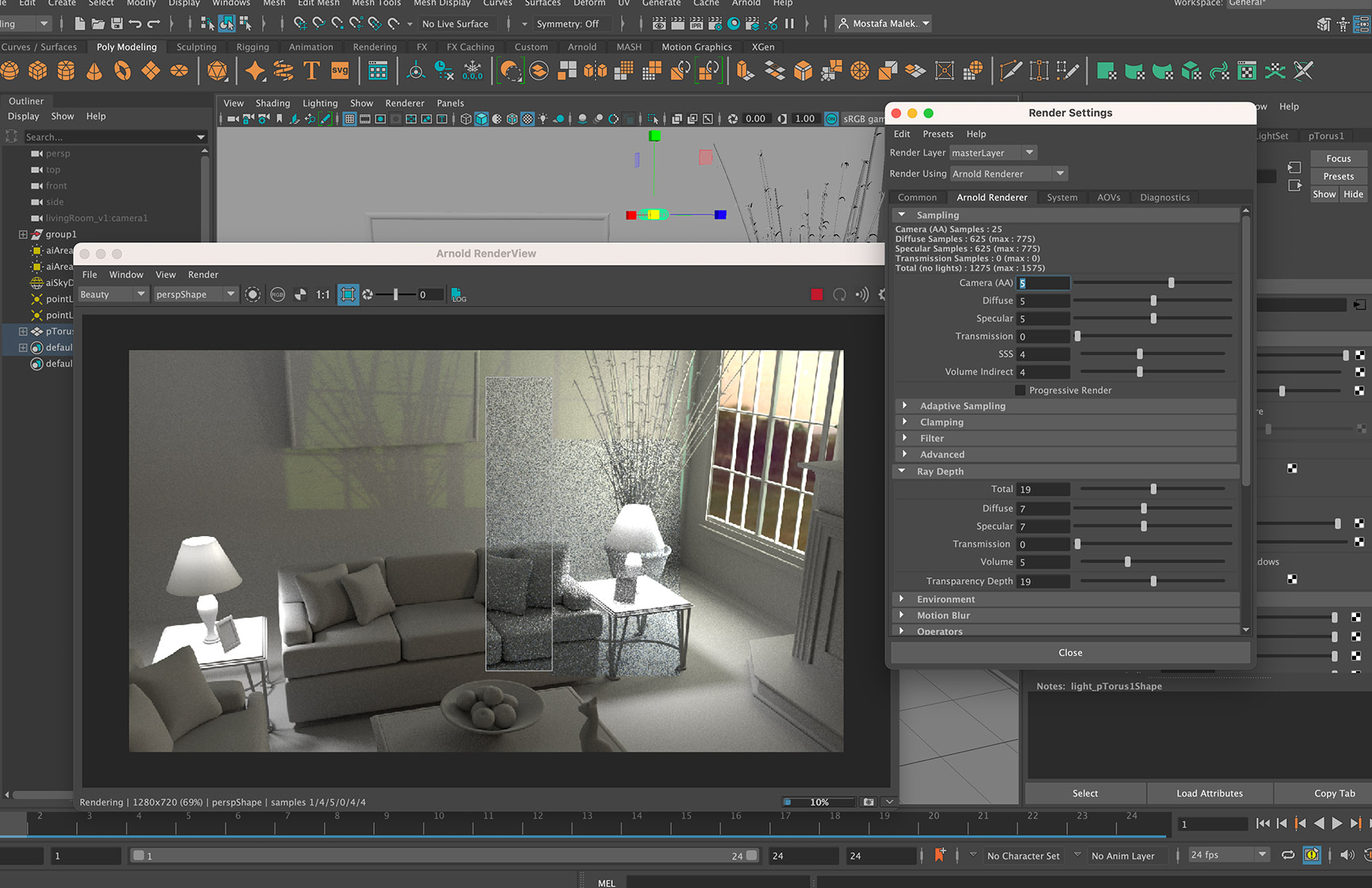 Rendering process in Autodesk Maya using Arnold Renderer, showing a partially completed photorealistic interior living room scene.