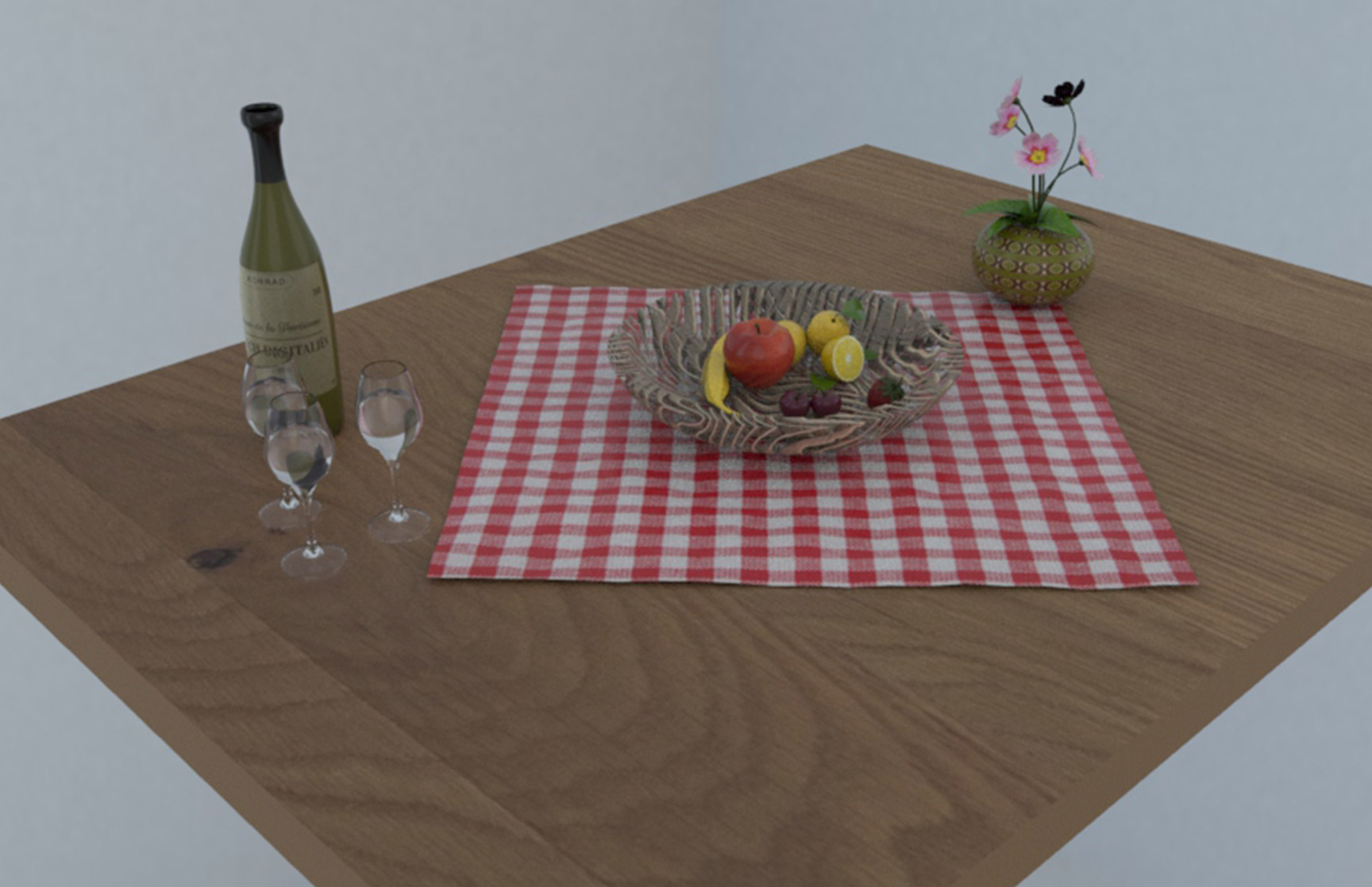 3D-rendered still life of a dining table with a checkered tablecloth, a wine bottle, glasses, a fruit basket, and a decorative vase.