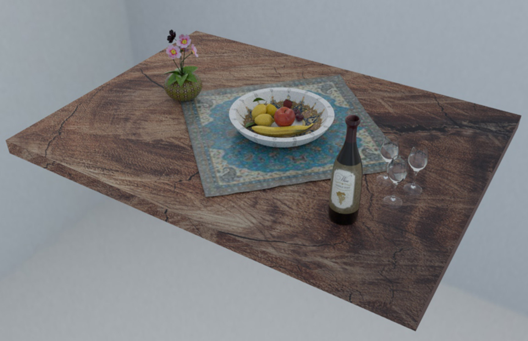 3D-rendered image of a dining table with a Persian-style tablecloth, a ceramic fruit bowl, a wine bottle, and glasses on a rustic wooden surface.