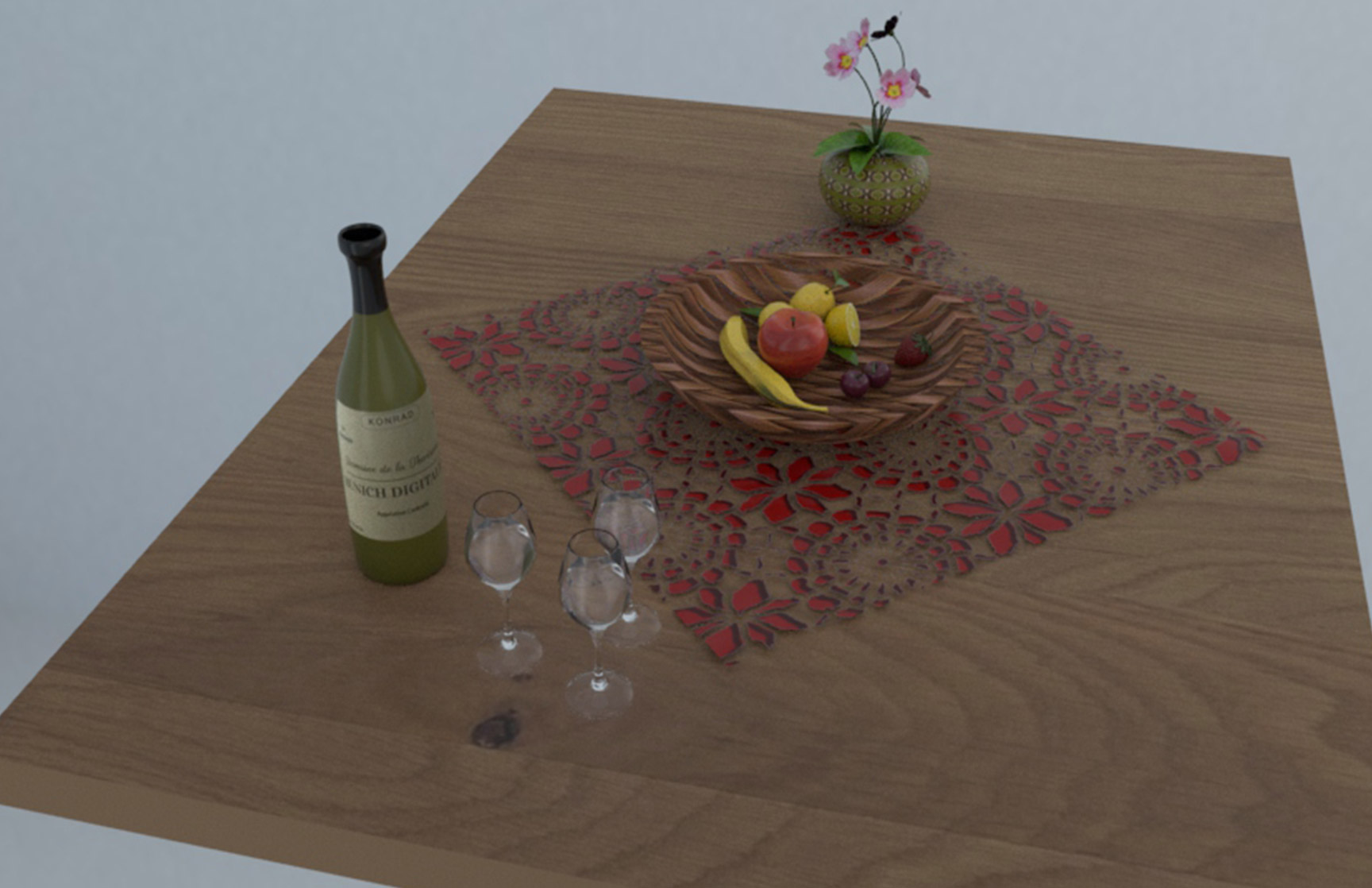 3D-rendered image of a table setup featuring a carved wooden fruit bowl, a lace-cut tablecloth, wine glasses, and a decorative vase on a wooden surface.