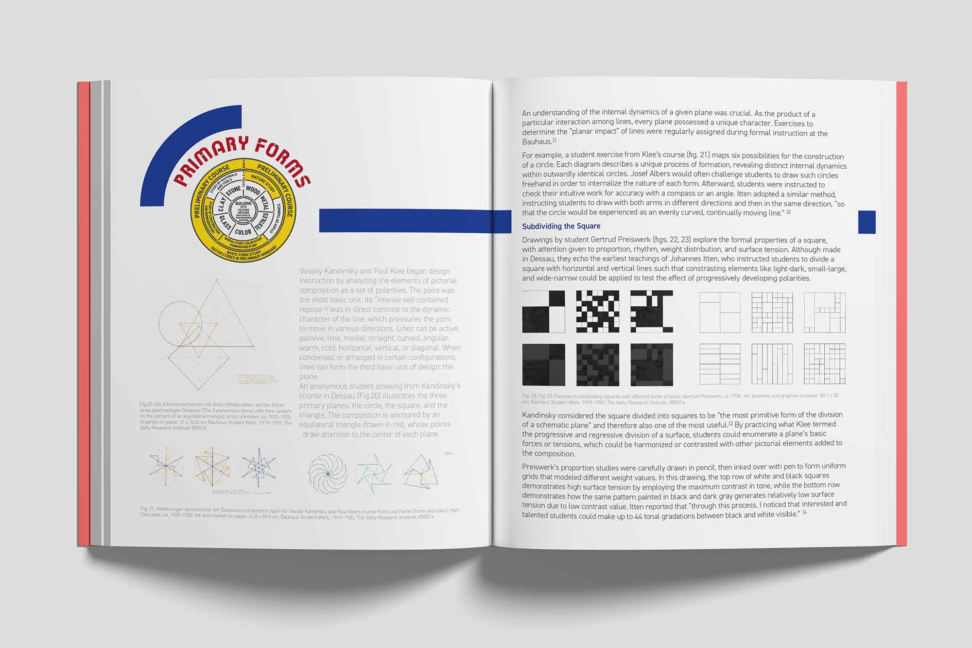 An open book spread focusing on the Bauhaus exploration of ‘Primary Forms.’

                            The left page features a circular Bauhaus emblem labeled ‘Primary Forms’ and accompanying text about dynamic elements in composition, guided by teachings from Kandinsky and Klee. Below the text, there are line drawings illustrating geometric relationships between shapes such as triangles, circles, and squares, reflecting exercises used in Bauhaus coursework to teach spatial and planar dynamics.
                            
                            The right page dives deeper into the concept of ‘Subdividing the Square,’ showcasing various black-and-white grid patterns designed by Bauhaus students. The text elaborates on how these exercises explored proportion, rhythm, and surface tension, illustrating the division of squares into smaller contrasting elements. The page highlights the innovative methodologies employed to teach visual balance and contrast in design, alongside technical drawings and patterns.
