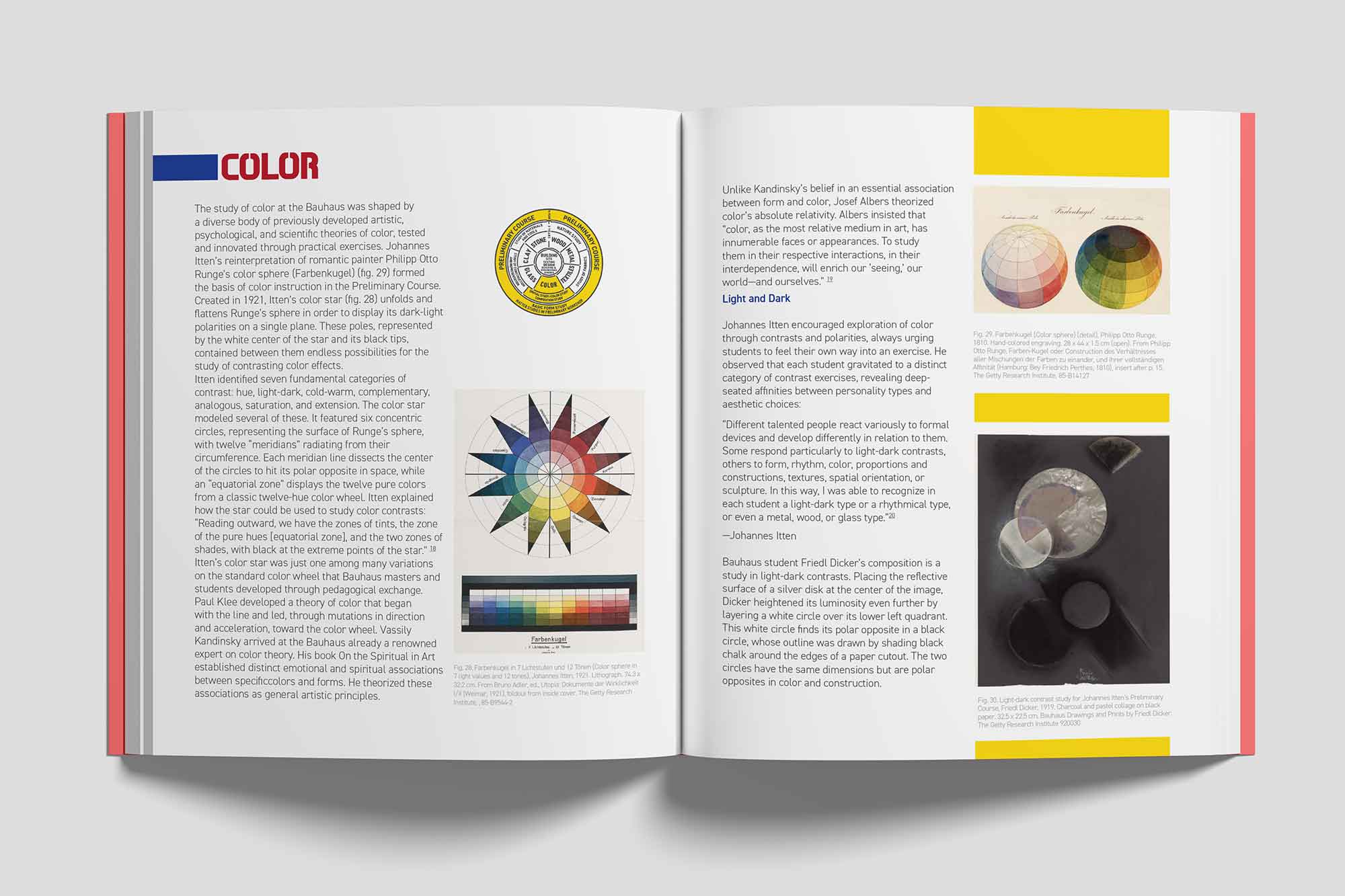 An open book spread featuring a detailed exploration of ‘Color’ as studied at the Bauhaus.

                            The left page introduces Johannes Itten’s reinterpretation of Philipp Otto Runge’s color sphere, focusing on dark-light polarities and concentric contrasts. A prominent star-shaped color diagram illustrates these principles, surrounded by explanatory text on Itten’s teaching methods and his emphasis on contrasts such as hue, light-dark, and warm-cool. Below the diagram, a color gradient chart is displayed, showing the progression of hues and shades.
                            
                            The right page discusses Josef Albers’ theory of color relativity and contrasts it with Itten’s teachings. The section ‘Light and Dark’ emphasizes Albers’ perspective on studying color through interdependence and personal interpretation. Two visuals accompany the text: one depicting a color sphere and another showing a light-and-dark contrast composition by a Bauhaus student, featuring reflective and shadowed geometric forms. Both visuals underline the application of color theories in Bauhaus practices.