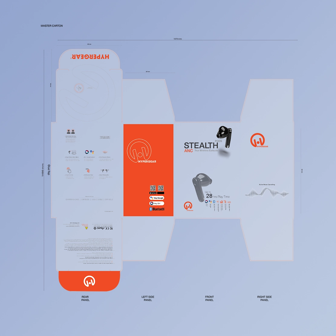 Flat layout of the packaging design for HyperGear’s Stealth ANC wireless earbuds, showcasing a dieline template with dimensions and foldable sections. The left side features the detailed product information, including features like active noise canceling, battery life, and QR codes for additional details. The central panel displays the product branding with the HyperGear logo, a prominent orange accent, and an image of the earbuds. The right side shows a blank dieline for the rear panel layout. The overall design is clean, modern, and well-organized for manufacturing purposes.