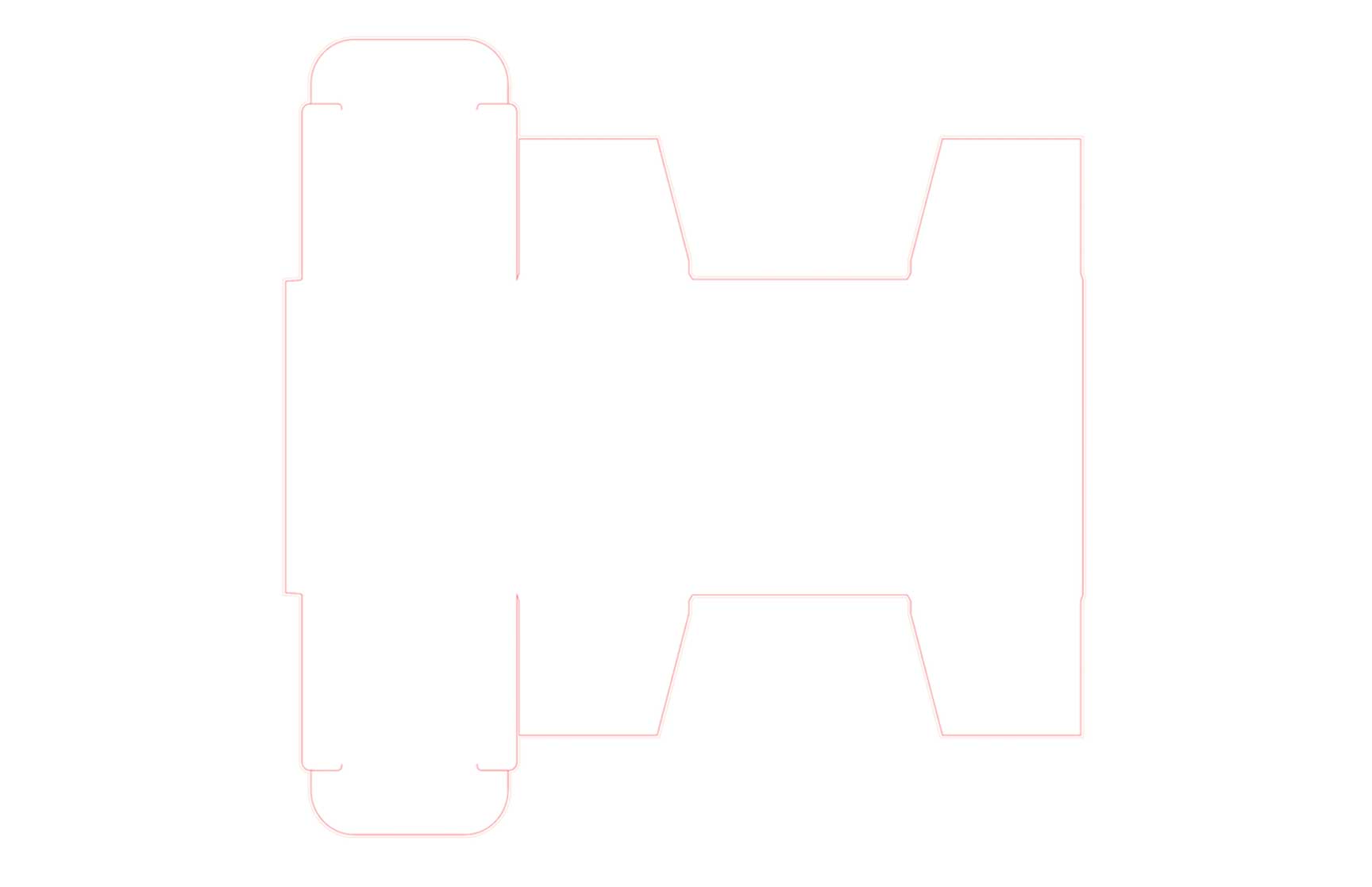 Minimalist flat die-line template for packaging design. The outline showcases the structural layout of a box with foldable flaps and panels, designed to form a 3D package. The red line defines the cutting edges, and the blank interior allows for customizable design elements.
