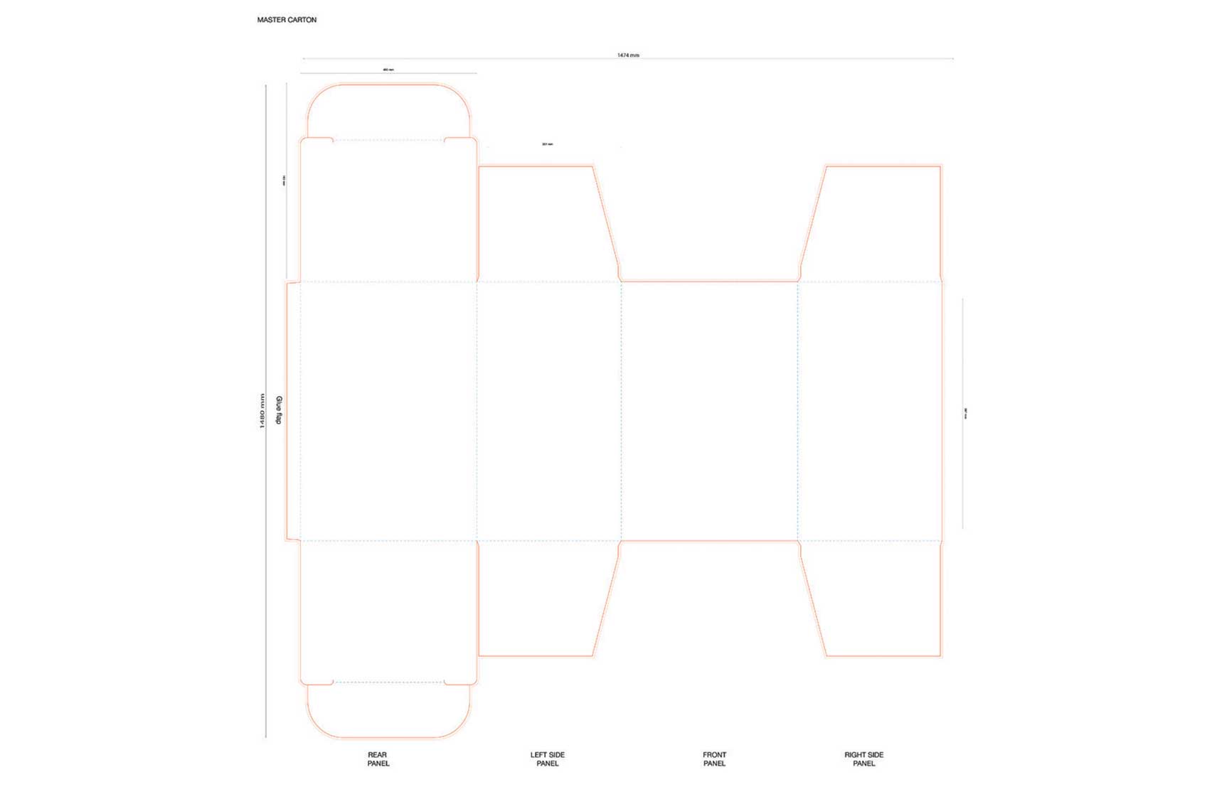 Flat die-line template of a master carton with detailed dimensions labeled in millimeters. The layout includes panels for the rear, left side, front, and right side, along with foldable flaps. Orange outlines indicate the cut lines, while dotted lines signify fold lines, providing a clear guide for constructing the 3D packaging