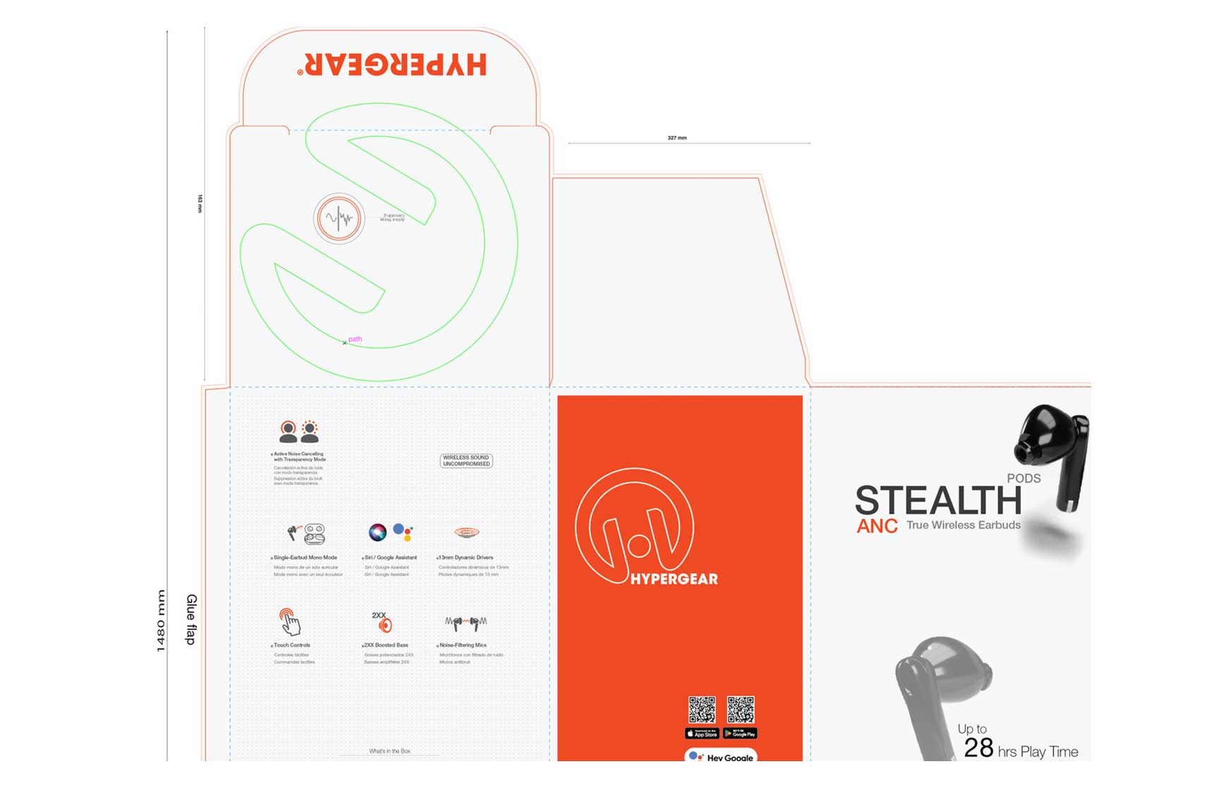 Flat packaging design layout for HyperGear Stealth Pods ANC true wireless earbuds. The design includes panels labeled for assembly, featuring a vibrant orange background with the HyperGear logo and branding prominently displayed. Key product features are illustrated with icons and descriptions, such as active noise canceling, dynamic drivers, and up to 28 hours of playtime. The layout includes precise measurements and fold lines for accurate construction of the packaging.