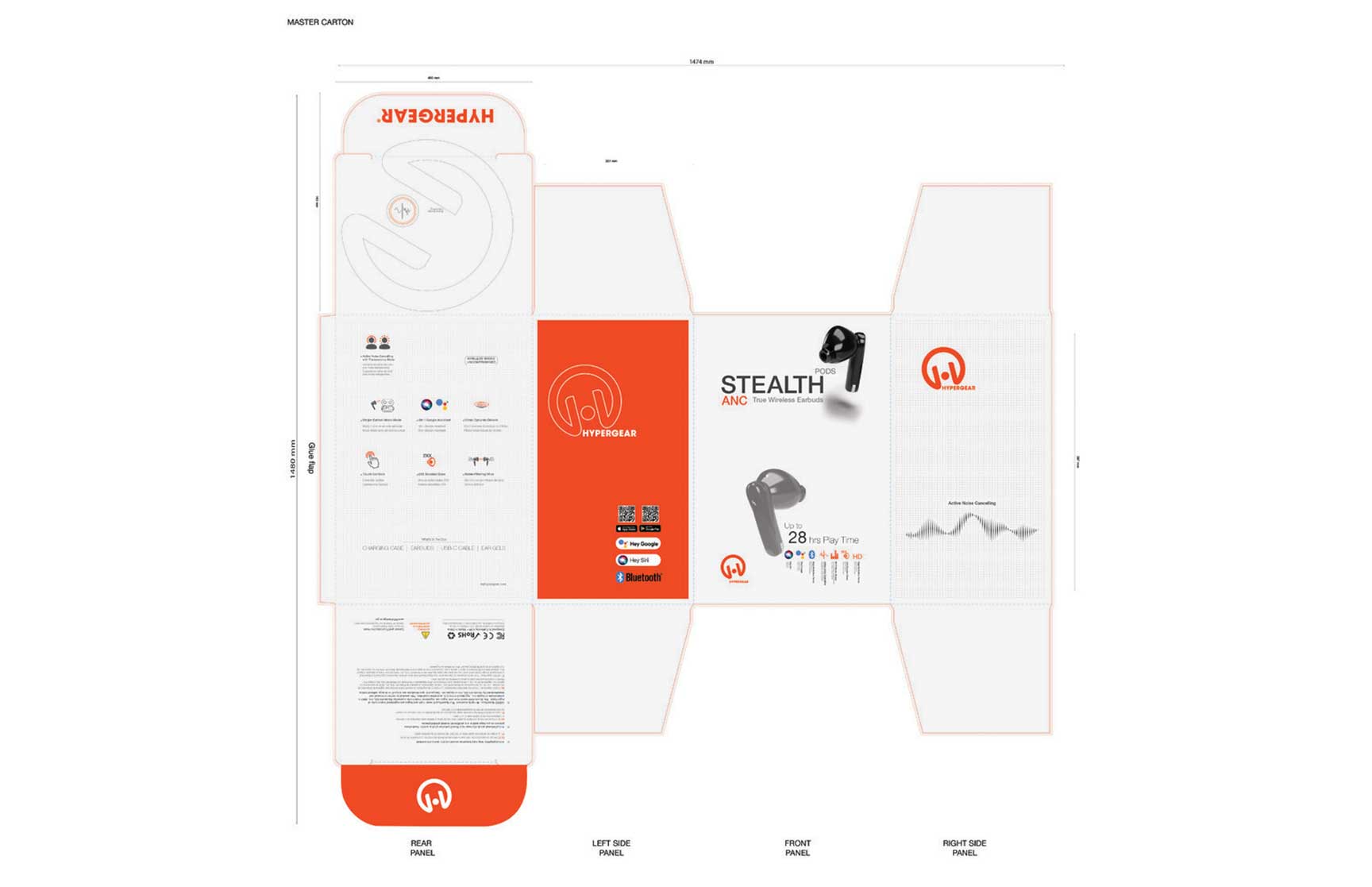 Complete flat packaging layout for the HyperGear Stealth Pods ANC earbuds. The design incorporates precise fold and glue lines with detailed panel labeling, such as the left side, right side, front, rear, and top flaps. The branding features a vibrant orange HyperGear logo alongside product imagery, key specifications, and features such as active noise canceling, up to 28 hours of playtime, and wireless sound quality. Additional sections display technical details, icons, and QR codes for added information.