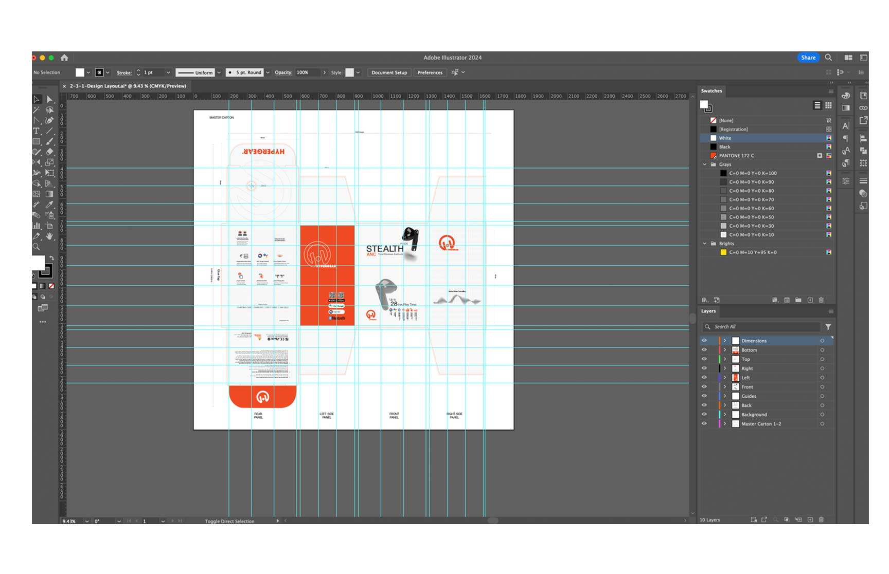 Adobe Illustrator workspace showcasing the packaging design layout for HyperGear Stealth Pods ANC earbuds. The canvas displays the flat packaging template with labeled panels, including front, back, top, bottom, left, and right. Blue gridlines are overlaid for alignment and precision, with layers organized in the panel on the right. The design includes branding elements like the HyperGear logo, product images, and technical details. The swatches panel shows selected colors, including Pantone options. The file is zoomed out for a full view of the layout.
