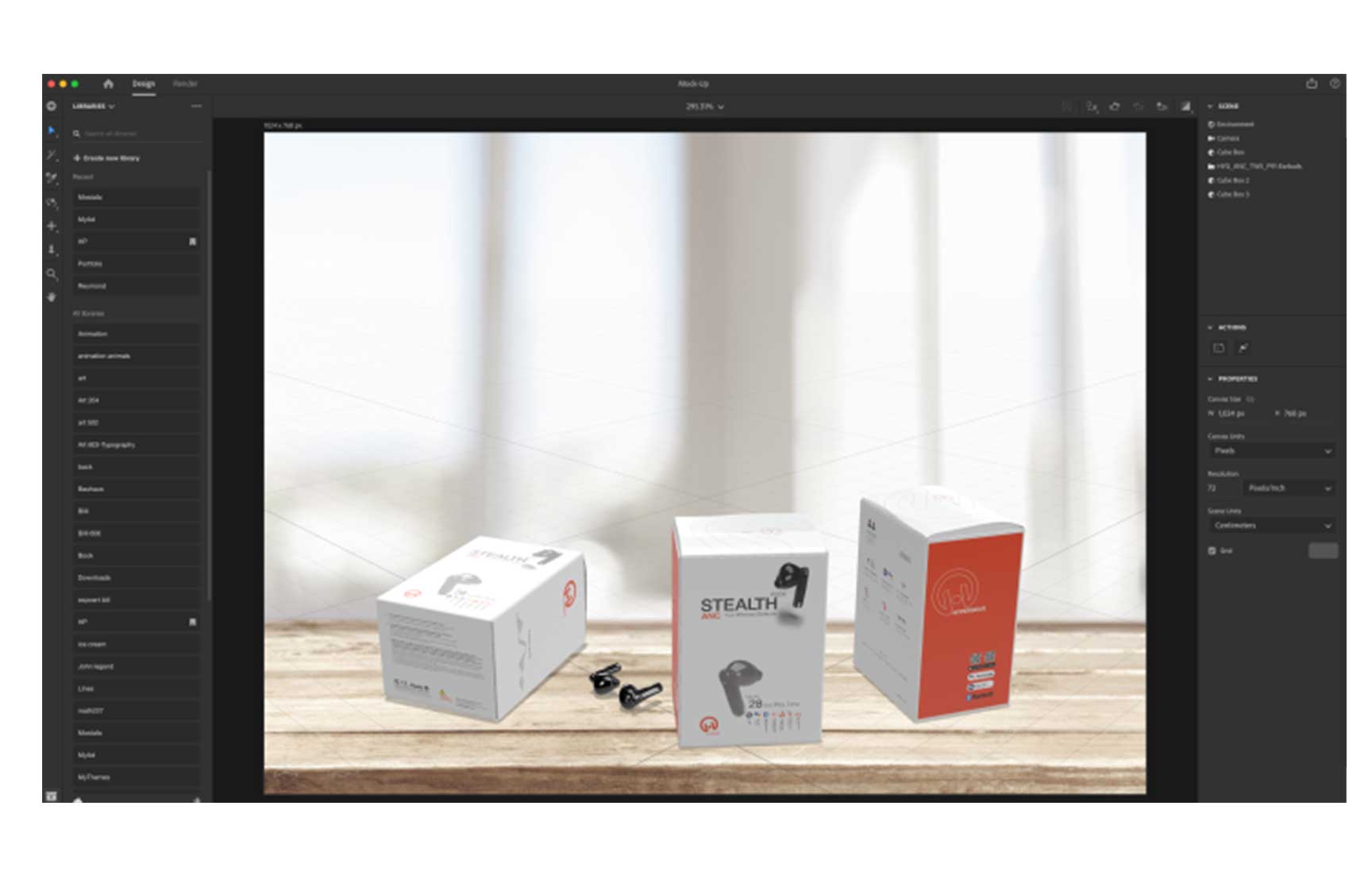 Adobe software interface displaying a 3D mockup of HyperGear Stealth Pods ANC packaging design. The workspace showcases three product boxes arranged on a wooden table, with realistic lighting and shadows in front of a blurred window background. The left panel features design elements and tools, while the right panel shows properties and object layers. The central canvas provides a detailed preview of the packaging design in a photorealistic setting.