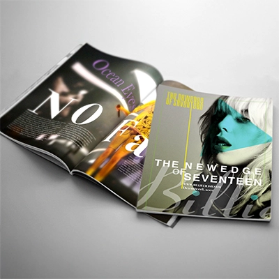 Magazine layout featuring Billie Eilish on the cover with a modern and edgy design. The cover highlights the text ‘The New Edge of Seventeen’ and includes bold typography and a teal-toned portrait of Billie Eilish. The open spread reveals sleek typography and artistic imagery, emphasizing the song ‘Ocean Eyes’ with a vibrant and sophisticated aesthetic.