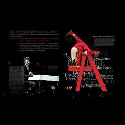 A creative magazine spread featuring Billie Eilish performing on a bold red structure and her brother Finneas playing the piano. The design includes artistic typography with keywords such as ‘Songwriter,’ ‘Electropop,’ and ‘Ocean Eyes,’ accompanied by text about their musical collaboration. The layout combines dark backgrounds and vibrant red accents for a striking visual composition.