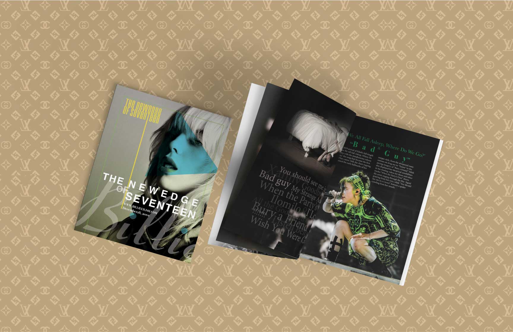 A stylish arrangement of two magazine elements set against a beige background adorned with a repeating luxury logo pattern. On the left, the magazine cover titled ‘The New Edge of Seventeen’ features a striking portrait of Billie Eilish, with her face partially overlaid by a cyan triangle and bold, minimalist typography. On the right, the magazine is opened to a spread showing two contrasting visuals: on the left page, a haunting image of a figure crawling from under a bed in a dark setting; on the right page, Billie Eilish performing on stage in vibrant green and black attire. The spread includes headlines and text discussing her music and artistic journey.