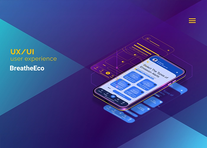Mockup of the BreatheEco mobile app user interface displayed on a smartphone. The design features a sleek, modern layout with vibrant blue and purple gradients, showcasing user experience and interaction elements, including menus and app screens.
