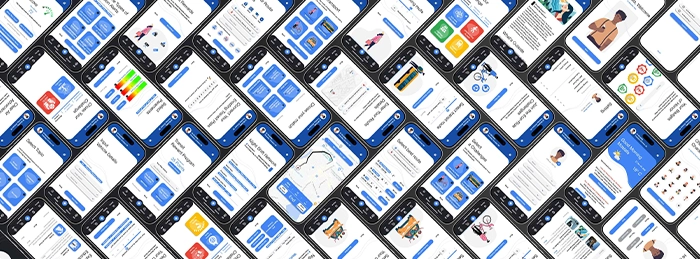 A grid layout displaying multiple mockups of the BreatheEco mobile app. Each screen showcases clean and interactive UI/UX elements with blue and white themes, demonstrating features like map navigation, data visualization, and user settings on a smartphone.