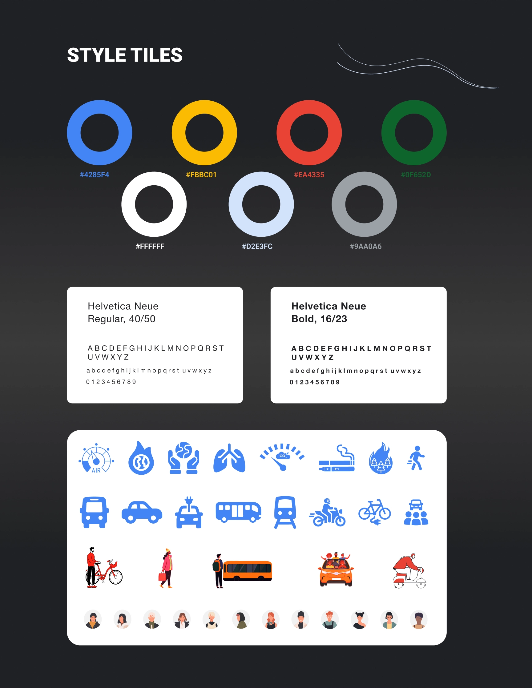 Style Tiles for the BreatheEco App, showcasing the visual identity elements used in the design. The tiles include:
                            1.	Color Palette:
                            •	Primary colors: Blue (#4285F4), Yellow (#FBBC01), and Red (#EA4335).
                            •	Secondary colors: Green (#0F652D), White (#FFFFFF), Light Blue (#D2E3FC), and Grey (#9AA0A6).
                            2.	Typography:
                            •	Typeface: Helvetica Neue.
                            •	Styles: Regular (40/50) and Bold (16/23).
                            •	Example text demonstrates uppercase and lowercase alphabets along with numerals.
                            3.	Icons and Graphics:
                            •	A set of blue icons representing eco-friendly and transportation concepts, such as lungs, leaves, buses, bicycles, and carpooling.
                            •	Colored illustrations of people using various transportation modes (e.g., bicycles, buses, and carpooling).
                            •	A row of circular avatars representing diverse users.
                            4.	Design Elements:
                            •	Minimalist curves complement the visual design.
                            •	The overall design reflects an eco-friendly and accessible theme, with an emphasis on clarity and sustainability.
