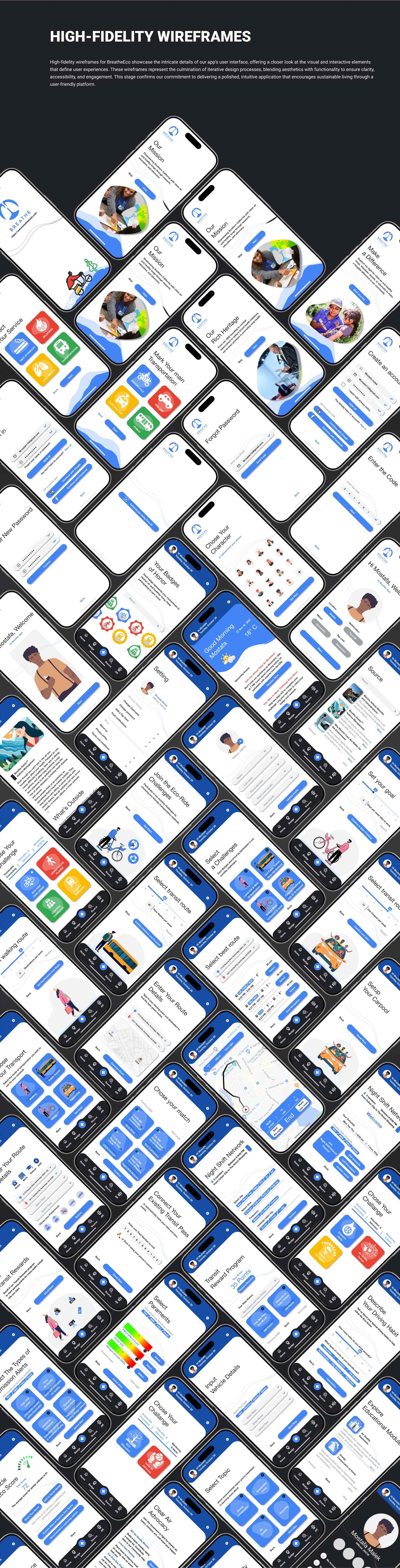 High-Fidelity Wireframes for the BreatheEco app, showcasing detailed visual designs of the app interface, user interactions, and navigation across multiple screens. These include:
                            1.	Home and Dashboard Views: Features icons for navigation, user stats, and sustainability tips displayed prominently.
                            2.	User Profile Sections: Allows personalization with settings for eco-friendly preferences and progress tracking.
                            3.	Community Challenges: Engaging visuals showing various activities, badges, and rewards to encourage eco-conscious behavior.
                            4.	Educational Tools: Screens displaying interactive sustainability content, including tutorials and infographics.
                            5.	Navigation and Routing Tools: Maps and options for selecting eco-friendly transportation routes, with real-time updates.
                            6.	Interactive Features: Includes chat support, feedback options, and collaborative community tools.
                            7.	Aesthetic Details: Clean, vibrant design using a consistent color palette and iconography aligned with the app’s eco-friendly mission.
                        
                        The wireframes demonstrate a user-centric design approach, focusing on clear visual hierarchy and seamless functionality to enhance user engagement and promote sustainable living practices.
