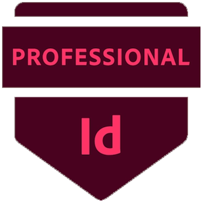 A badge with a maroon background and pink text that reads ‘Professional Id,’ representing proficiency in Adobe InDesign.
