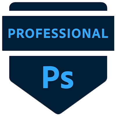 A badge with a dark blue background and light blue text that reads ‘Professional Ps,’ signifying expertise in Adobe Photoshop.