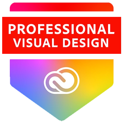 A badge with a gradient rainbow background and white text that reads ‘Professional Visual Design,’ featuring the Adobe Creative Cloud logo at the bottom, symbolizing advanced skills in visual design.