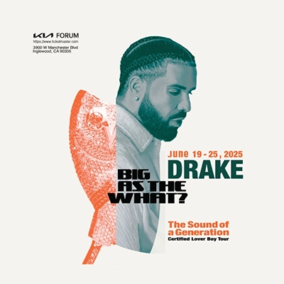 Promotional poster for Drake’s ‘Certified Lover Boy Tour’ at the Kia Forum in Inglewood, California, taking place from June 19 to 25, 2025. The design features a stylized profile image of Drake in teal tones overlaid with a textured red-orange graphic of an owl, symbolizing his OVO brand. Bold typography reads ‘Big As The What?’ and ‘The Sound of a Generation,’ with tour details prominently displayed. The composition combines a modern and artistic aesthetic to appeal to fans.