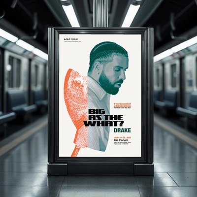 Digital advertisement for Drake’s ‘Certified Lover Boy Tour’ displayed on an illuminated poster frame inside a modern subway station. The poster features a stylized teal-toned profile of Drake alongside a red-orange owl graphic and bold text reading ‘Big As The What?’ and ‘The Sound of a Generation.’ Event details specify the Kia Forum in Inglewood, California, from June 19 to 25, 2025. The subway platform’s sleek design and ambient lighting create a contemporary urban setting, enhancing the poster’s visibility and appeal.