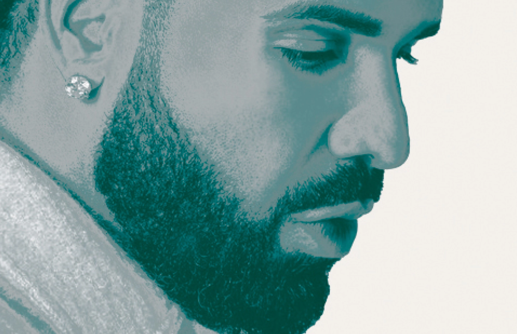 Close-up stylized portrait of a man with a trimmed beard and diamond stud earring. The image features a monochromatic teal tone, emphasizing facial details and textures. The composition captures the subject in a contemplative side profile, with soft focus on the background, creating a minimalist and modern aesthetic.