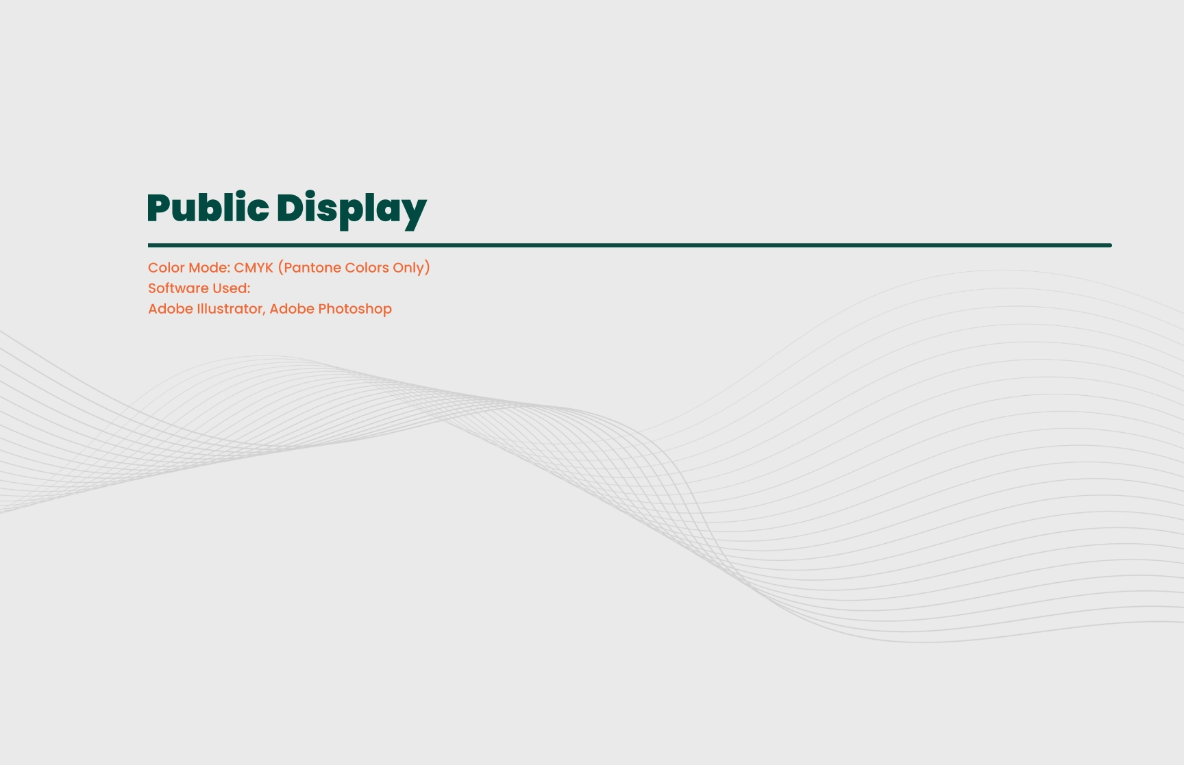 A minimalist slide titled ‘Public Display’ with text detailing technical specifications: ‘Color Mode: CMYK (Pantone Colors Only)’ and ‘Software Used: Adobe Illustrator, Adobe Photoshop.’ The design features a clean, light gray background with subtle wave-like linear graphics at the bottom right corner, adding a dynamic visual element.