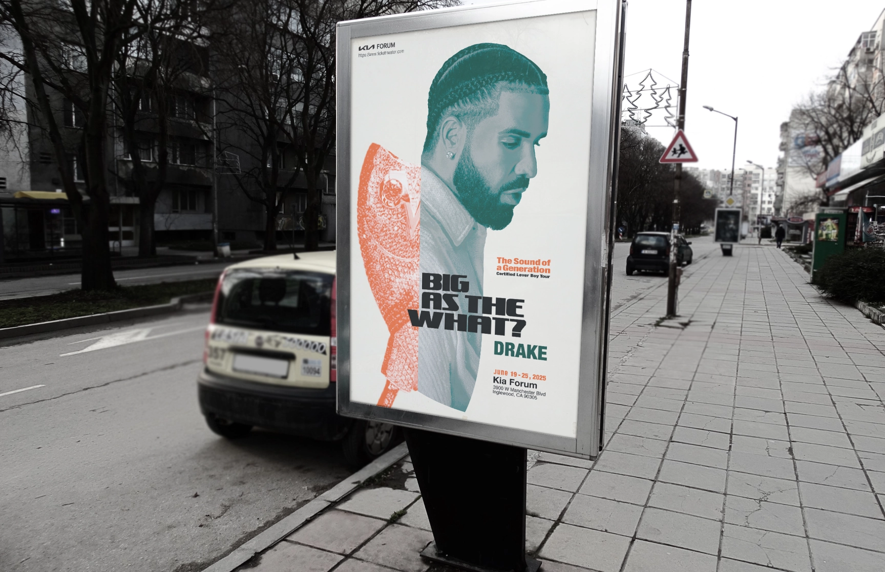 Street-level advertising display featuring a promotional poster for Drake’s ‘Certified Lover Boy Tour.’ The poster includes a teal-tinted profile image of Drake overlaid on an orange halftone microphone graphic with the text ‘Big As The What?’ Event details, such as the date ‘June 19-25, 2025’ and the venue ‘Kia Forum,’ are listed below. The advertisement is situated on a sidewalk with parked cars and urban architecture in the background, creating a dynamic, real-world presentation of the design.