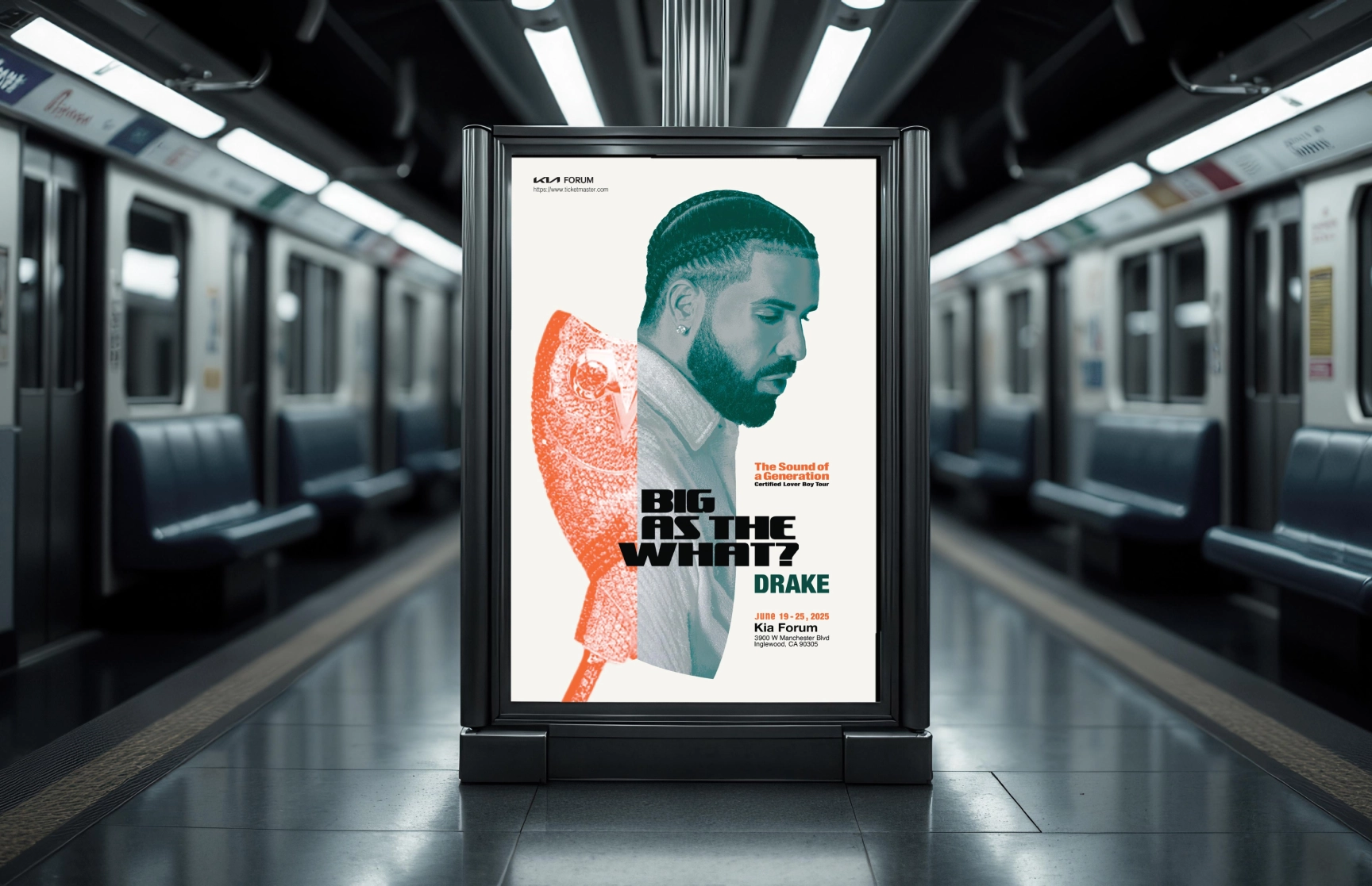 Advertising poster display for Drake’s ‘Certified Lover Boy Tour’ placed in a modern subway station. The poster features a teal profile image of Drake over an orange halftone microphone graphic, with bold text ‘Big As The What?’ Additional details include the event dates, ‘June 19-25, 2025,’ and the venue, ‘Kia Forum.’ The background shows empty subway cars and clean, sleek station interiors, creating a polished urban atmosphere.