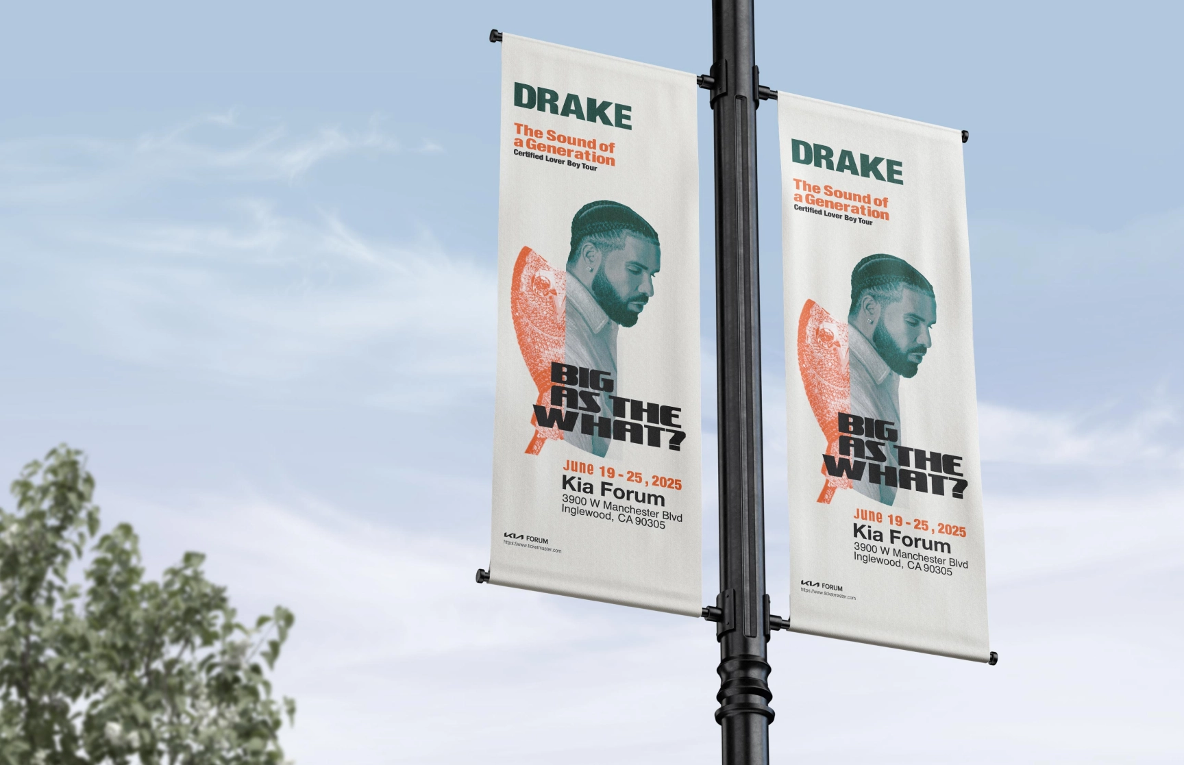 Two vertical street pole banners featuring a promotional design for Drake’s ‘Certified Lover Boy Tour.’ The banners display a halftone image of Drake overlaid with an orange microphone graphic, accompanied by the bold text ‘Big As The What?’ in black. Event details are presented in orange and black text, including dates (June 19-25, 2025) and the venue (Kia Forum, 3900 W Manchester Blvd, Inglewood, CA 90305). Above, the tagline ‘The Sound of a Generation’ and ‘Certified Lover Boy Tour’ are highlighted in orange. The banners are mounted on a black pole against a background of a blue sky and tree foliage.