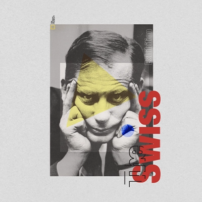 A modern graphic design composition featuring a grayscale portrait of a thoughtful man with geometric elements, including a yellow triangle and a blue circle, overlaid with bold red text that reads The Swiss.