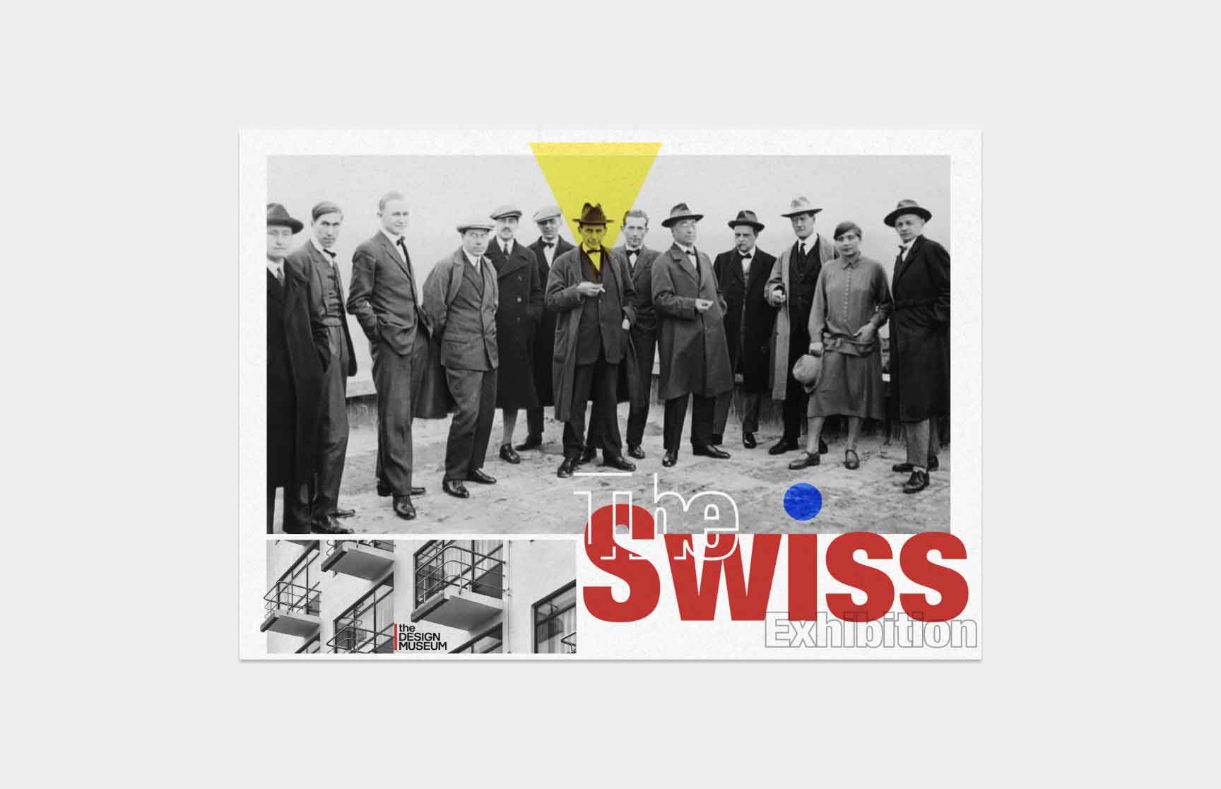 A Swiss-style graphic design showcasing a group of individuals from the Bauhaus movement era with a yellow triangular highlight, a blue circular accent, and bold red typography reading ‘The Swiss Exhibition.’