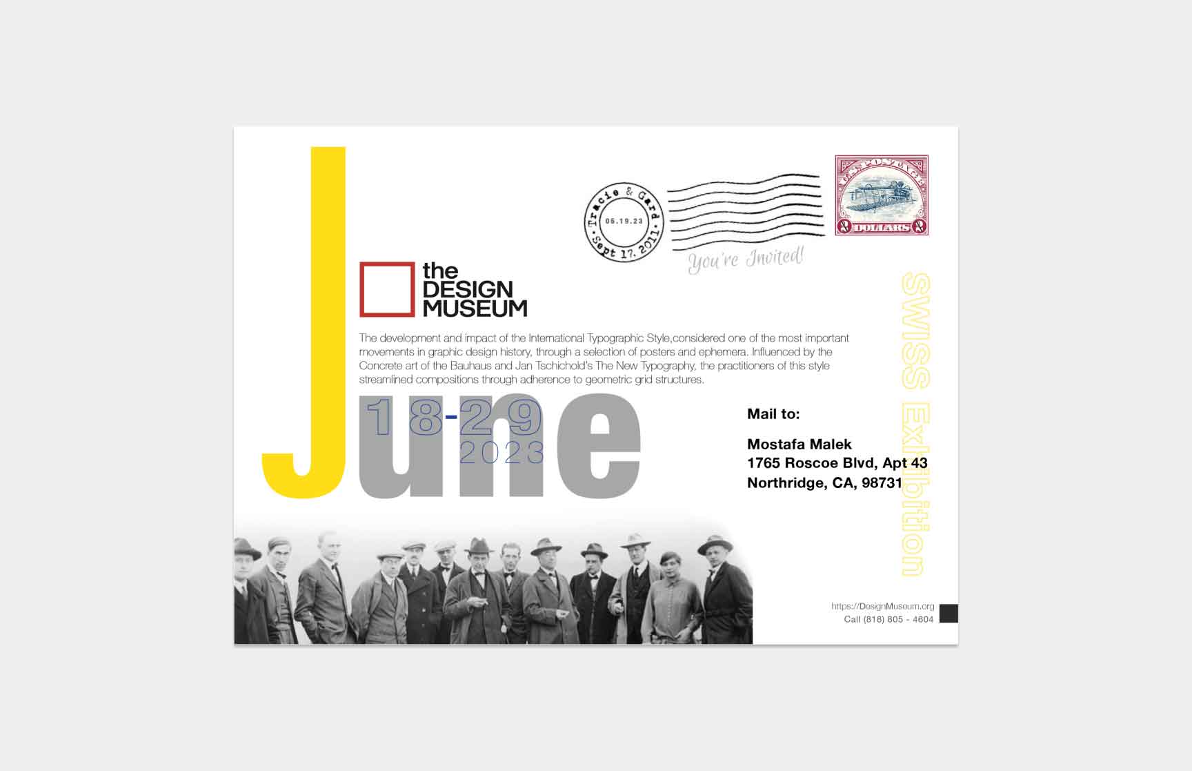 Invitation card for the Swiss Exhibition, featuring bold minimalist design elements. A large yellow ‘J’ and gray ‘une’ represent June 18-29, 2023. The Design Museum logo is displayed prominently, alongside a grayscale photo of Bauhaus-era individuals. Text describes the influence of the International Typographic Style, with a recipient’s address and postal stamp completing the composition.