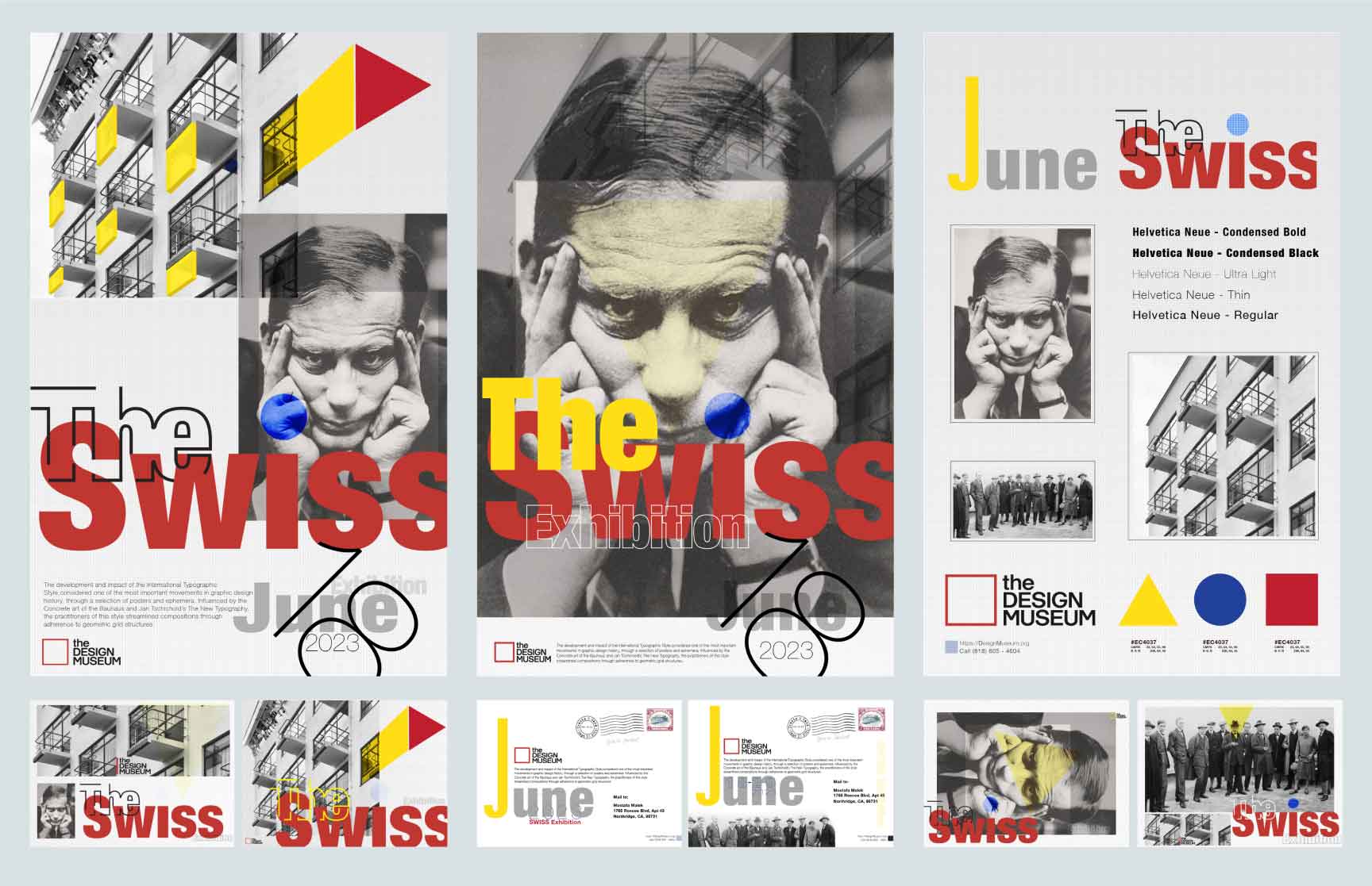 A Swiss-style collage showcasing multiple poster designs and promotional materials for ‘The Swiss Exhibition.’ The layout includes bold red and yellow typography, geometric elements like triangles and circles in primary colors, grayscale portraits, and architectural visuals influenced by Bauhaus. The designs highlight clean lines, minimalism, and typographic precision.