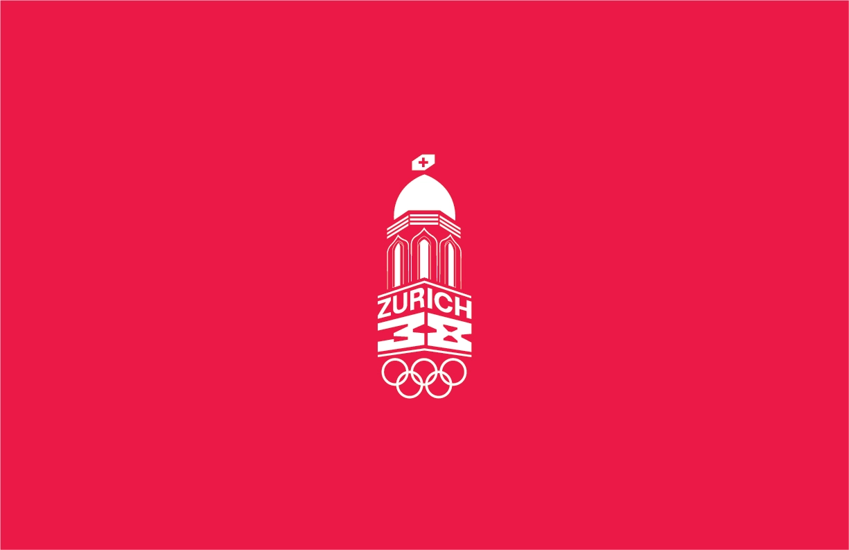 A minimalist logo design for the Zurich 2038 Winter Olympic Games, featuring a white illustration of Zurich’s iconic architectural dome structure with the Swiss cross flag on top. Below the dome, the text “Zurich 38” is prominently displayed in bold, modern typography. The Olympic rings are placed beneath the text, emphasizing the event’s association with the Olympic Games. The entire composition is set against a vibrant red background, reflecting a clean and dynamic Swiss design aesthetic.