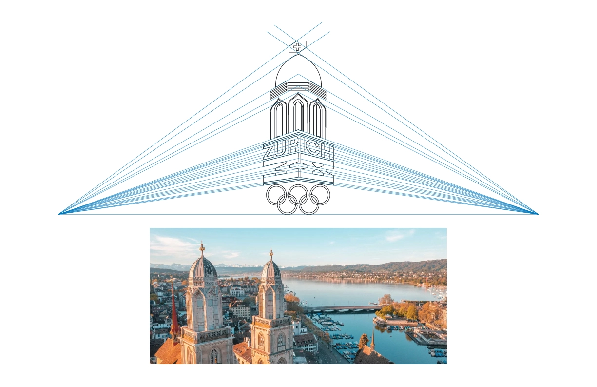 An illustration of the Zurich 2038 Winter Olympic Games logo featuring a dome structure with the Swiss cross at the top, surrounded by converging blue perspective lines that create a structured and dynamic visual effect. Below the logo, a photograph showcases a scenic view of Zurich, with two prominent church towers overlooking a tranquil lake and the surrounding cityscape.