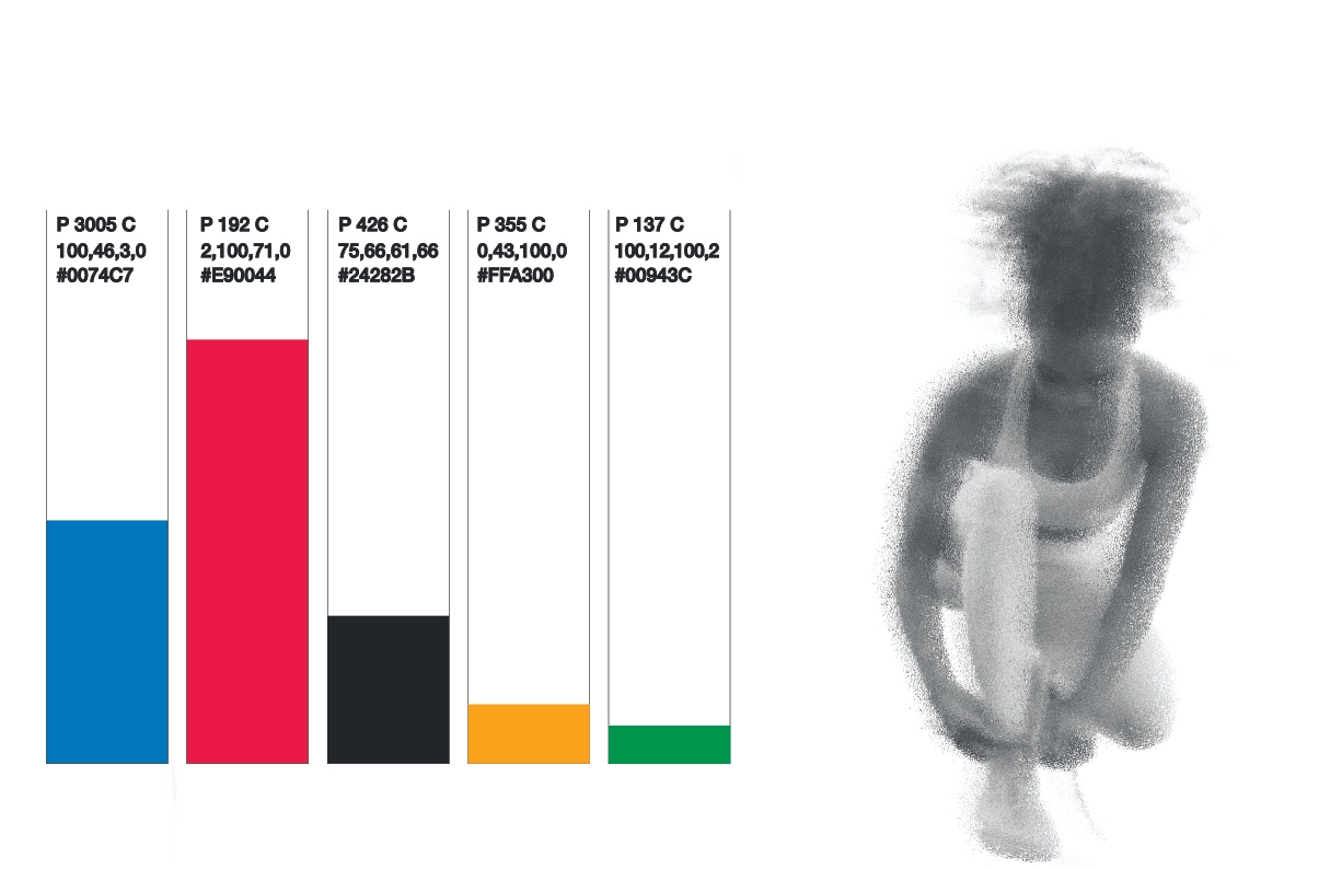 This image appears to combine a color palette breakdown with a grayscale, artistic image of a person tying their shoe. The palette includes specific Pantone color codes and their corresponding hex values, likely used to define a cohesive visual identity. The image style evokes a minimalist, Swiss-inspired design aesthetic with a modern and energetic focus. If you’d like to refine or adjust the design, feel free to let me know!