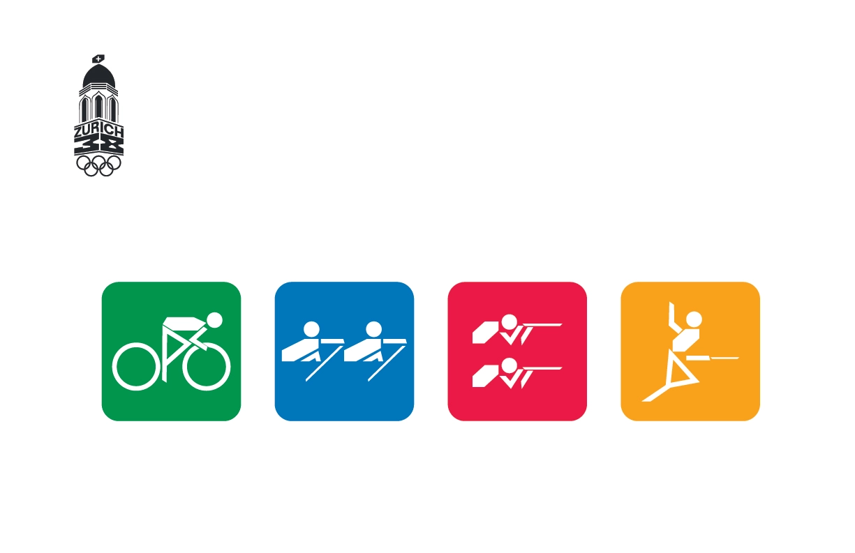 A set of icons representing different sports for the Zurich 2038 Winter Olympic Games. The design includes a minimalist black and white Zurich Olympic logo on the top left, and four colorful square icons. Each icon depicts a specific sport: green for cycling, blue for rowing, red for canoe sprint, and yellow for gymnastics. The icons use a clean, modern aesthetic with white silhouettes on solid color backgrounds.