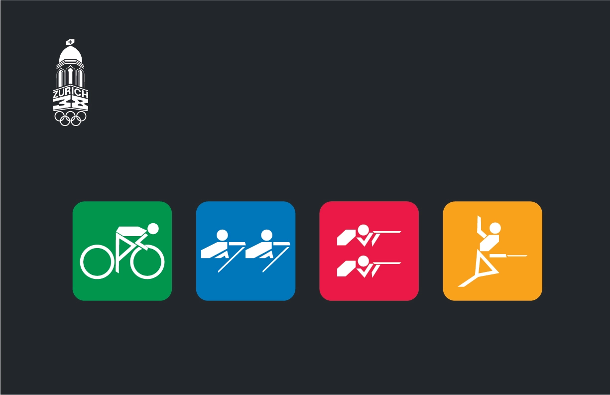 A dark background featuring the Zurich 2038 Winter Olympic Games logo on the top left, accompanied by four colorful square sport icons. Each icon depicts a specific sport in white silhouette: green for cycling, blue for rowing, red for canoe sprint, and yellow for gymnastics. The design emphasizes a modern, minimalist aesthetic with clear visuals and vibrant colors.