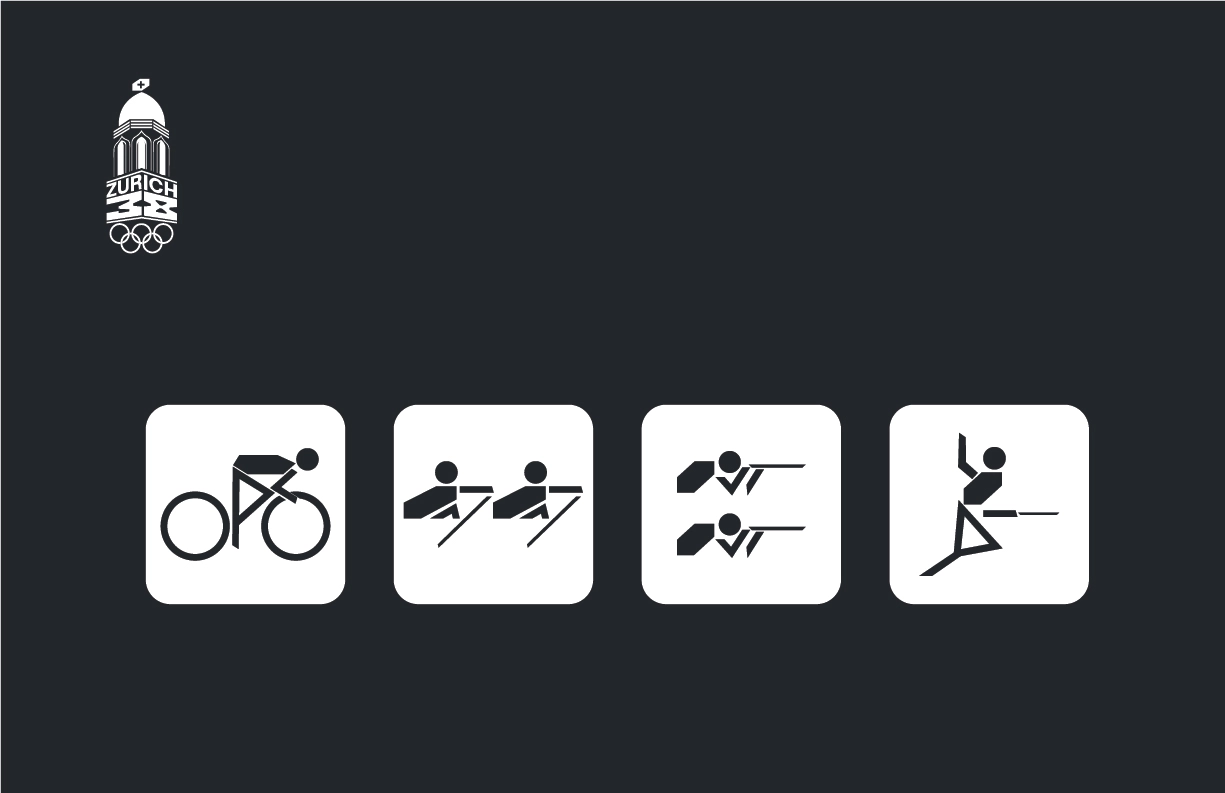 A minimalist dark-themed design showcasing the Zurich 2038 Winter Olympic Games logo in white at the top left. Below the logo, there are four white square icons representing different sports, each featuring a black silhouette: cycling, rowing, canoe sprint, and gymnastics. The clean and modern design emphasizes simplicity and clarity, adhering to a Swiss-inspired aesthetic.