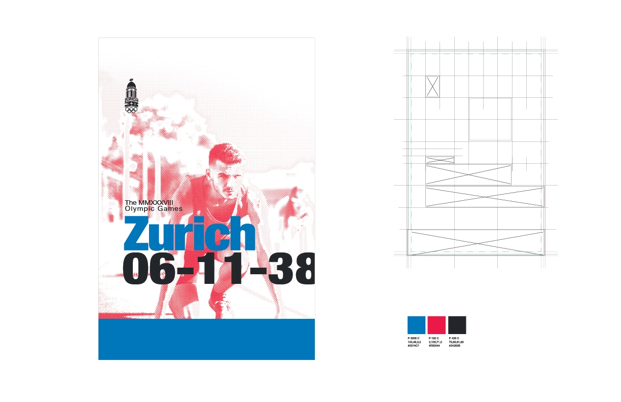Poster design for the Zurich 2038 Olympic Games featuring a modern athlete in motion. The composition incorporates bold blue and red typography with the text ‘Zurich 06-11-38,’ along with the Zurich Olympic logo. The right side showcases a structured grid layout used for the design process, emphasizing Swiss-inspired minimalism and precision. A small color palette with blue, red, and black swatches highlights the visual identity system.