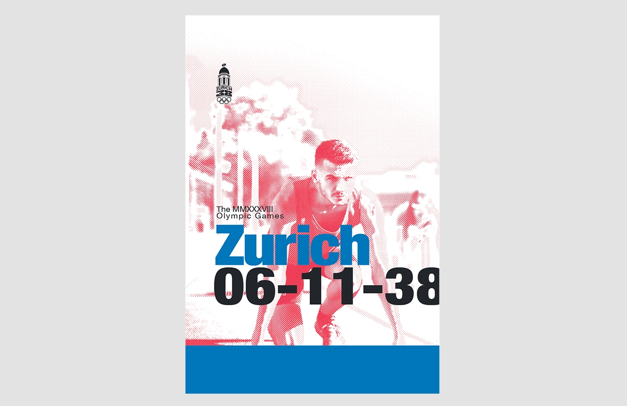 Modern poster design for the Zurich 2038 Olympic Games featuring a halftone athlete image in red and white, overlaid with bold blue and black typography reading ‘Zurich 06-11-38.’ The Zurich Olympic logo is prominently displayed at the top left. The clean and structured layout embodies Swiss design principles with a minimalist aesthetic.
