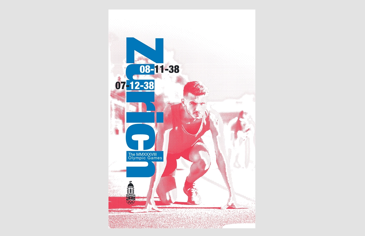 A set of colorful square icons representing sports for the Zurich 2038 Winter Olympic Games. The icons feature green for cycling, blue for rowing, red for canoe sprint, and yellow for gymnastics, each with white silhouette designs. The Zurich Olympic logo is positioned at the top left in black and white.