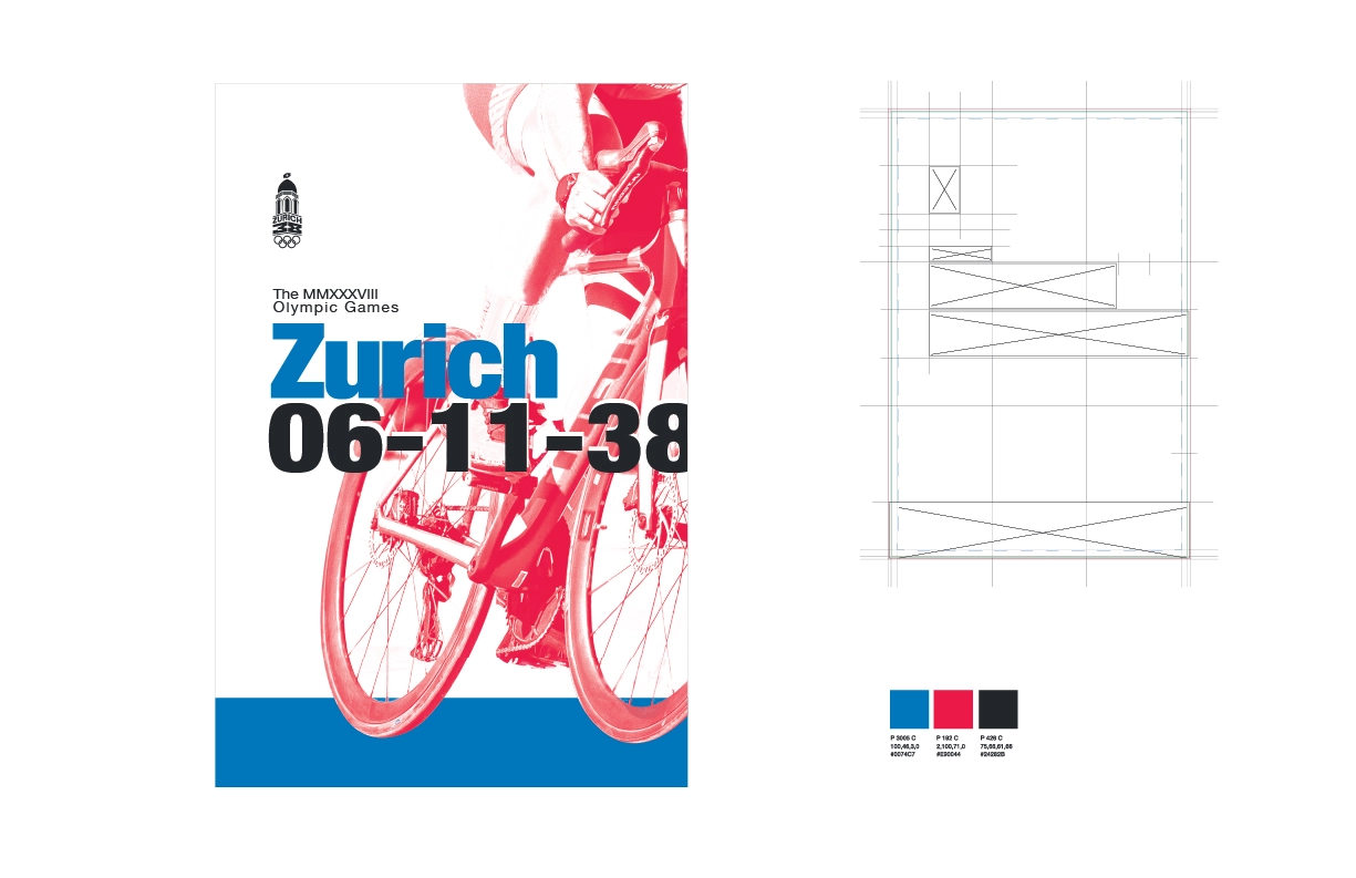 Poster design for the Zurich 2038 Olympic Games showcasing a cyclist in motion. The composition features bold blue and black typography with the text ‘Zurich 06-11-38’ and the Zurich Olympic logo at the top. A structured grid layout is displayed on the right, illustrating the design process and emphasizing Swiss-inspired precision and minimalism. A color palette with blue, red, and black swatches highlights the cohesive visual identity of the event.