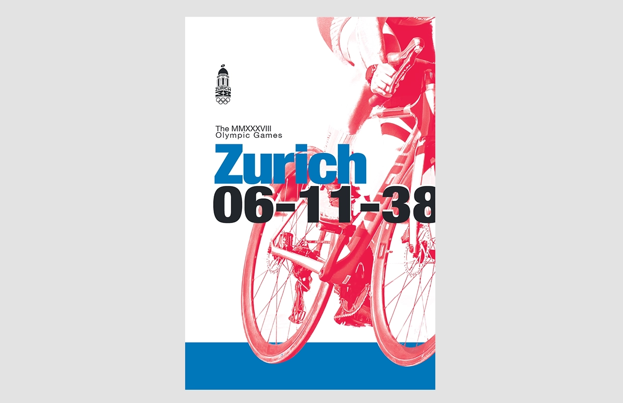 A visually striking poster for the Zurich 2038 Olympic Games featuring a cyclist in motion. The design integrates bold typography with the text ‘Zurich 06-11-38’ in blue and black, accompanied by the Zurich Olympic logo at the top left. The minimalist layout emphasizes Swiss design principles with clean lines and vibrant red and blue accents, creating a dynamic and modern aesthetic.